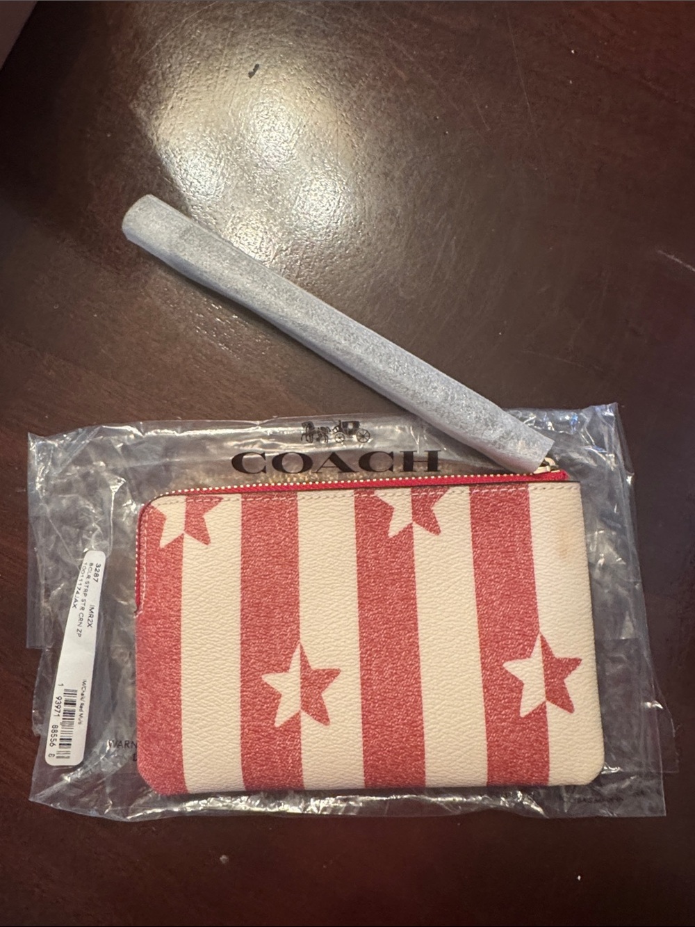 Coach Red & Cream Star-Stripe Wristlet with Brown Strap - Picture 5 of 6